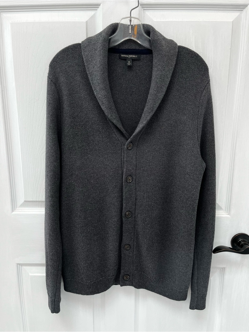 Banana Republic Mens Charcoal Gray Shawl Collar Sweater M Chunky Cotton Cardigan